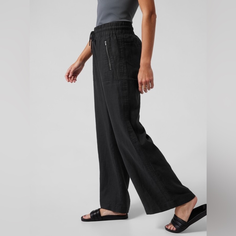 Athleta Cabo Resort Wide-Leg High Waisted Pull-On Linen Pants in Black Size 10